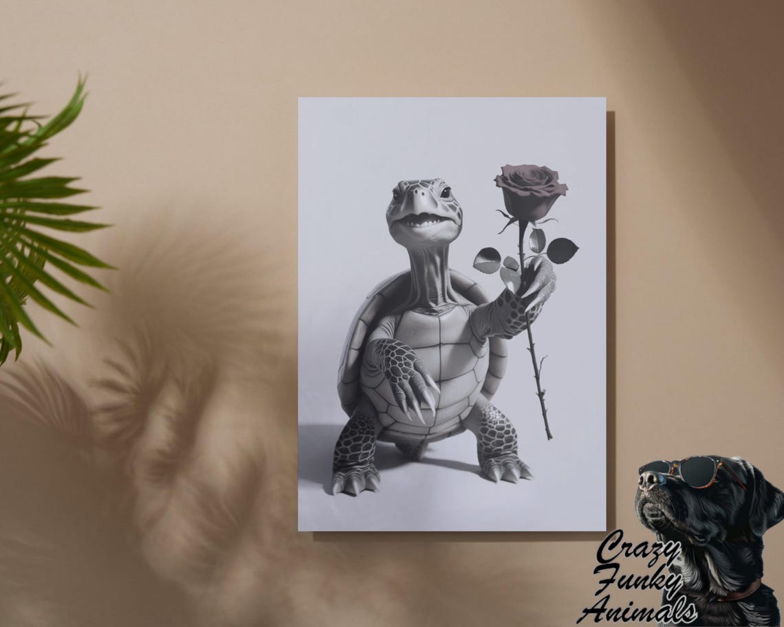 Smiling Turtle Holding a Red Rose Valentine Black and White Poster - Image 2