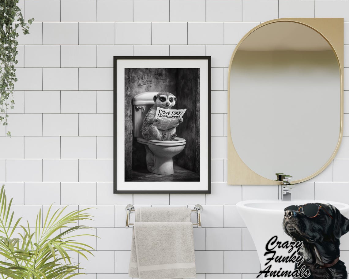 Meerkat Reading a Newspaper on the Toilet Funny Bathroom Poster - Image 2