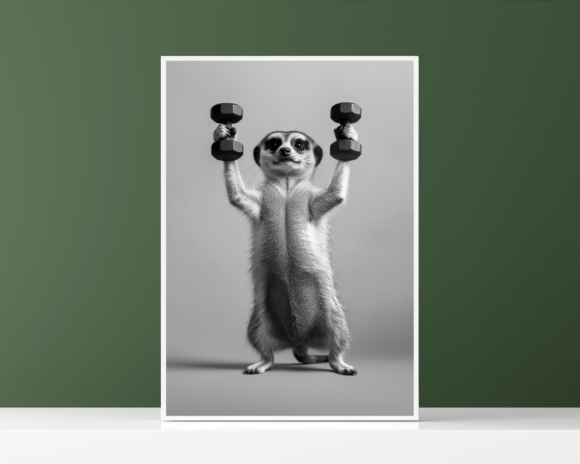 Funny Meerkat Lifting Two Dumbbells Gym Workout Animal Poster - Image 2