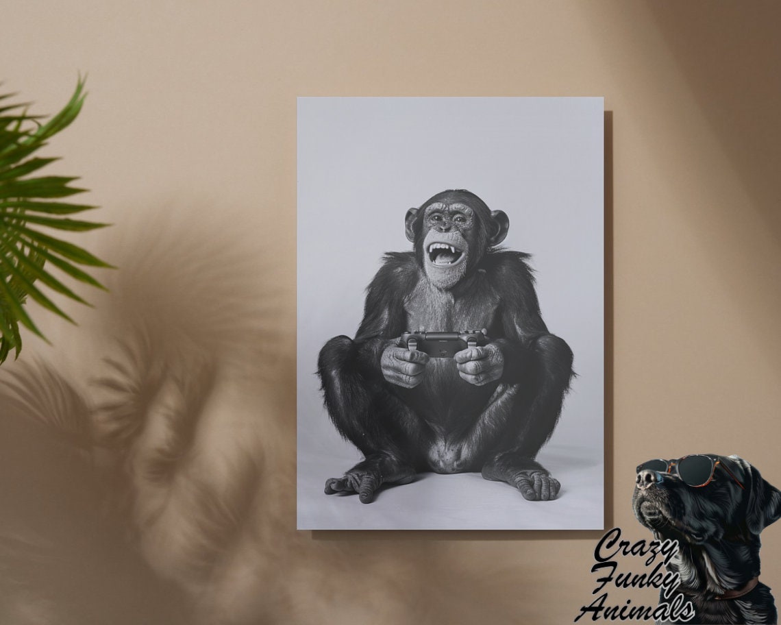 Laughing Chimpanzee Gamer Holding a Game Controller Funny Poster - Image 3