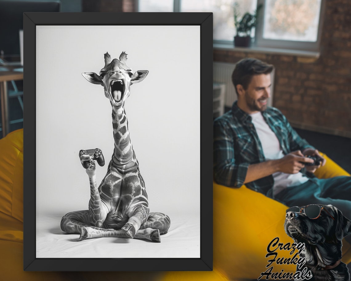 Tall Giraffe Gamer Holding a Game Controller Funny Animal Poster - Image 2