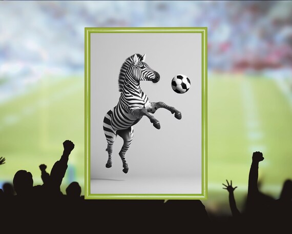 Zebra Rearing Up with a Soccer Ball Funny Sports Black and White Poster