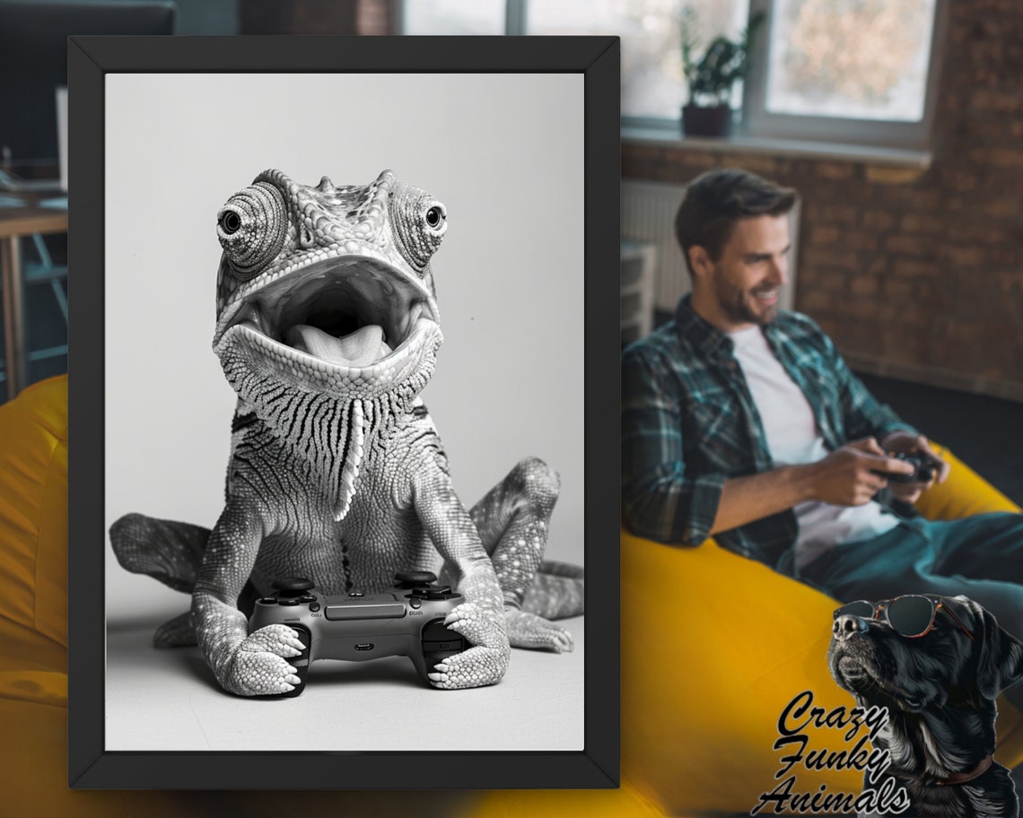 Chameleon Gamer Holding a Game Controller With a Wide Grin Poster - Image 3