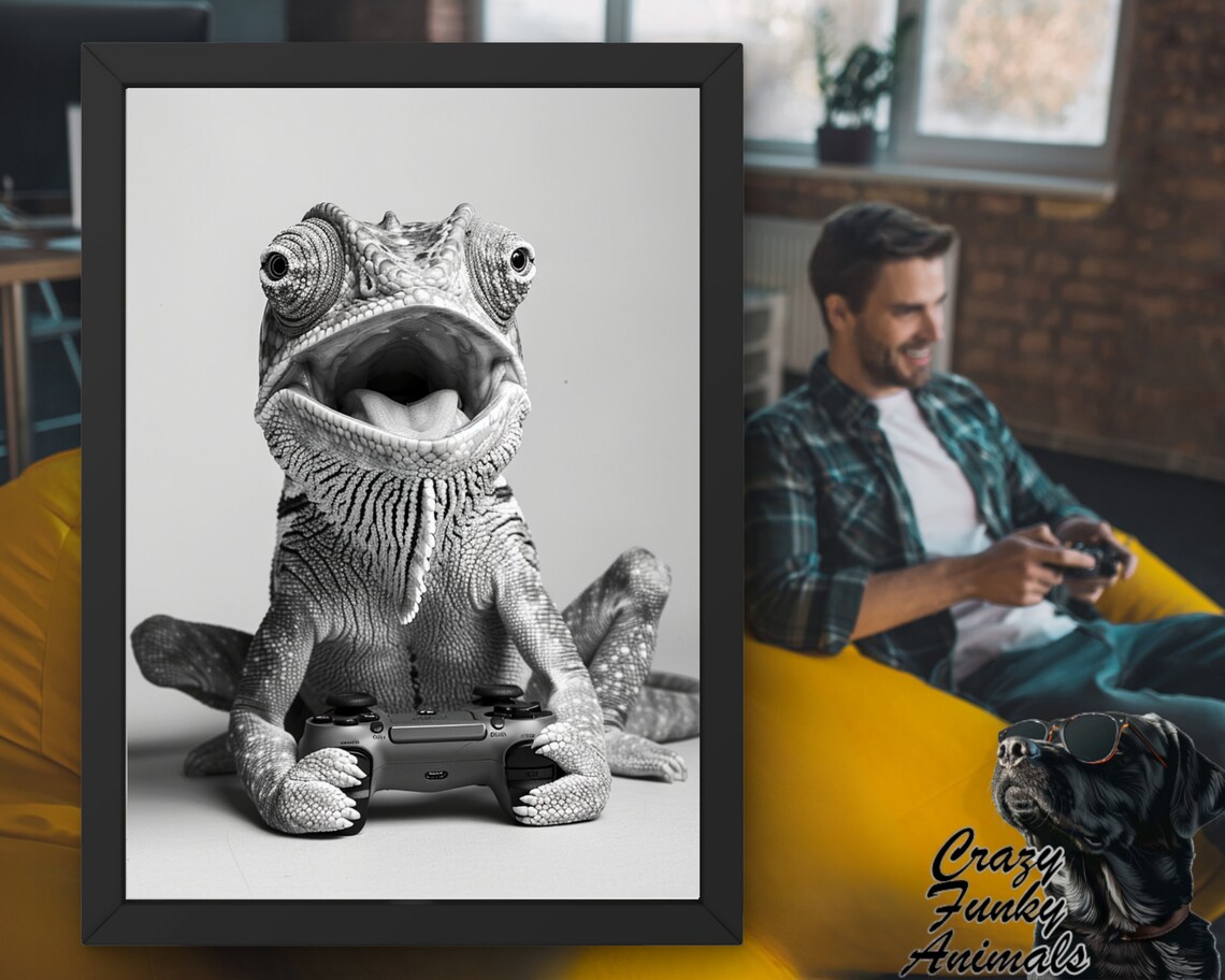 Funny Chameleon Poster Chameleon With Controller Gamer Gift Humorous Animal Art Wall Decor For Gaming Rooms - Image 3