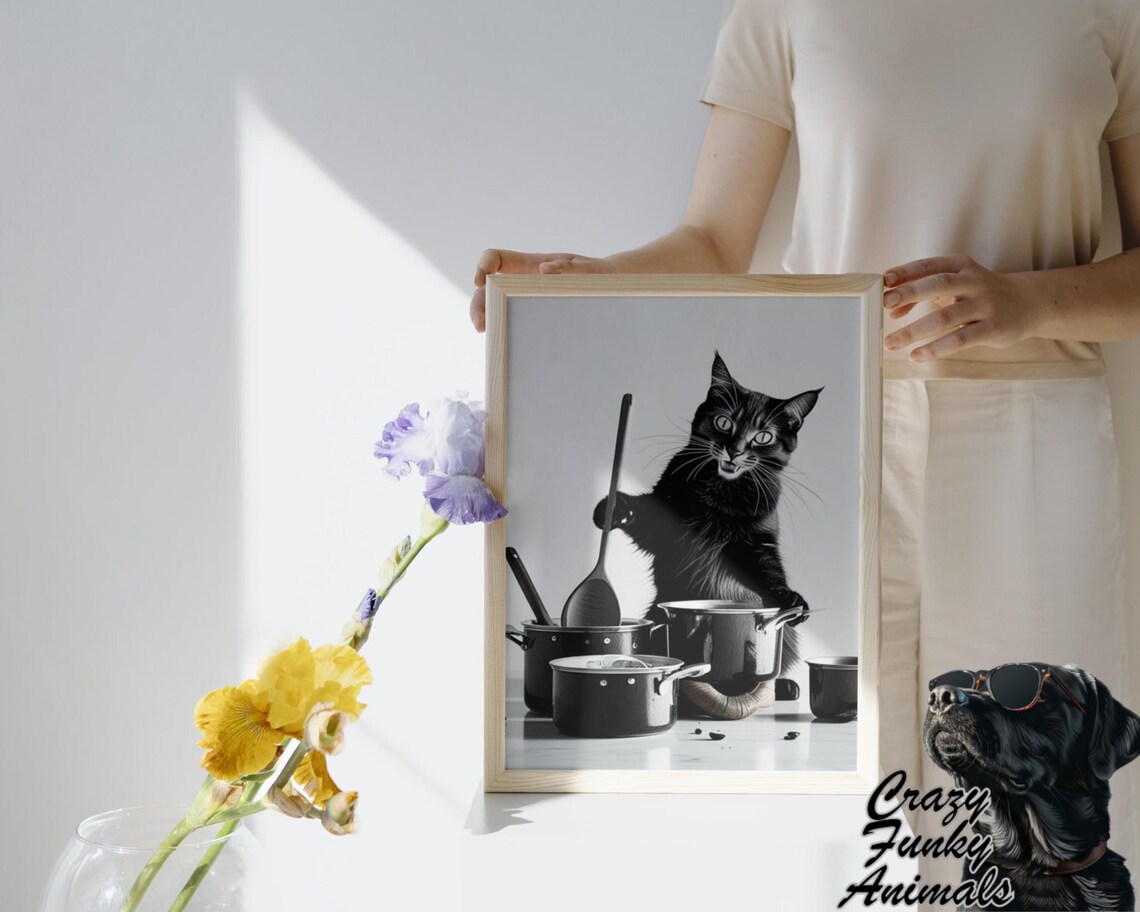 Black Cat Stirring Pots with a Spoon Funny Kitchen Black and White Poster - Image 3