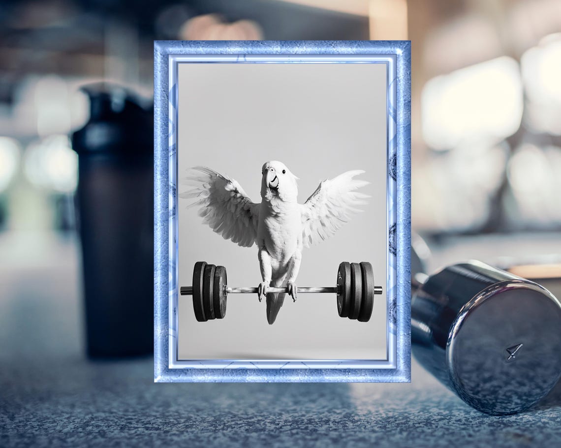 Funny Fitness Poster Parrot With Barbell Humorous Animal Art Gift For Fitness Lovers Gym Wall Decor Animal Illustration