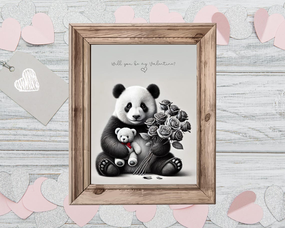 Panda Hugging a Teddy Bear with a Rose Bouquet Funny Valentine Poster