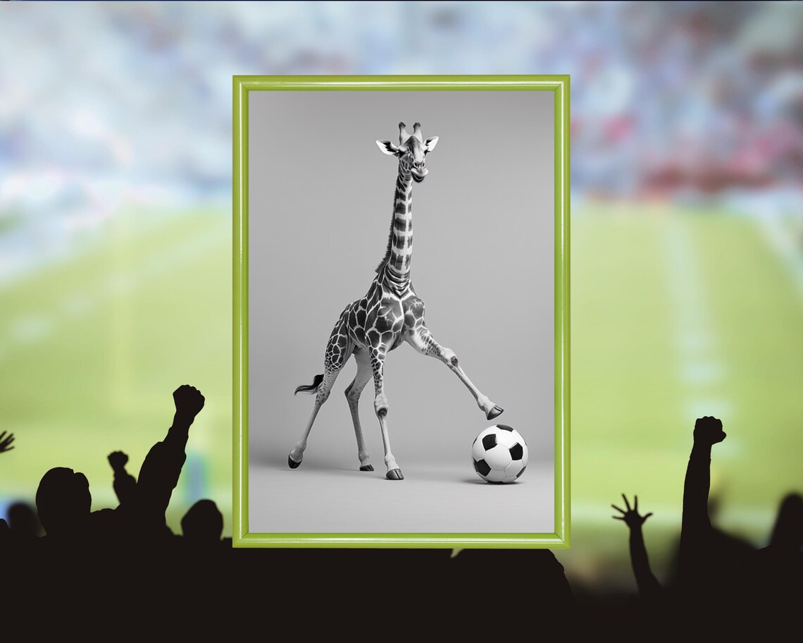 Giraffe Playing Soccer, Humorous Animal Poster
