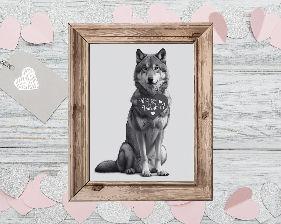 Wolf Holding Will You Be My Valentine Heart Sign Funny Poster