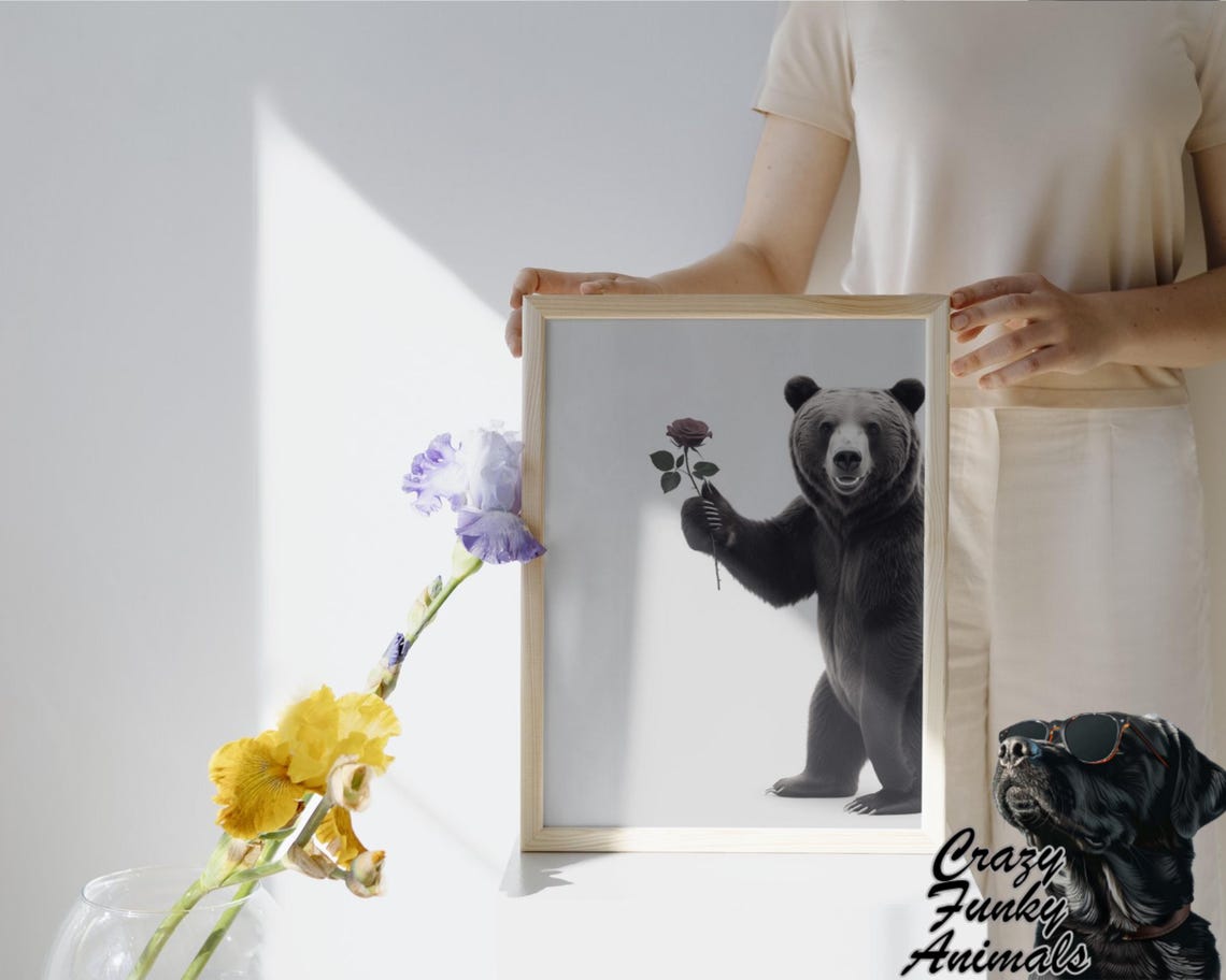 Bear Standing and Holding a Red Rose Romantic Black and White Poster - Image 3