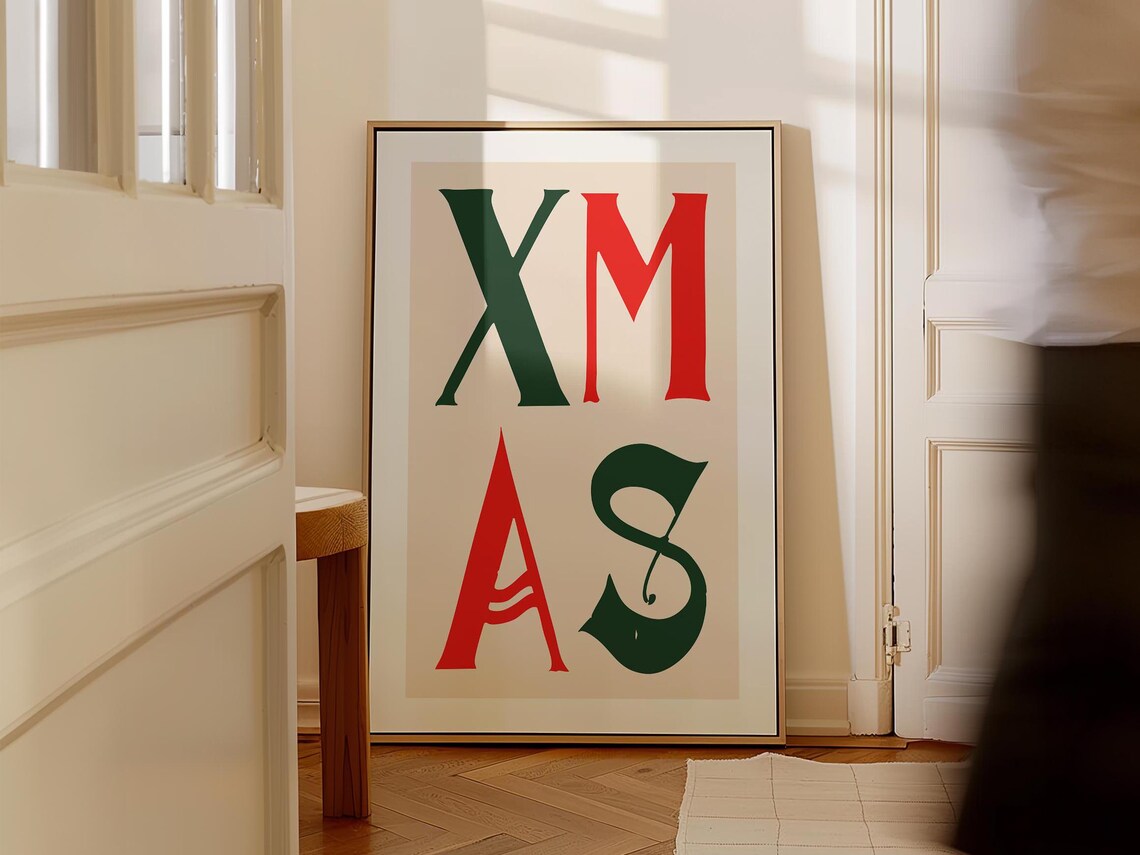XMAS Green and Red Block Letter Vintage Christmas Typography Poster - Image 3