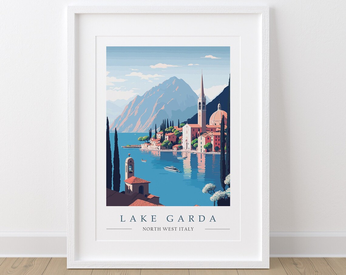 Lake Garda North West Italy Lakeside Village Church Scene Poster