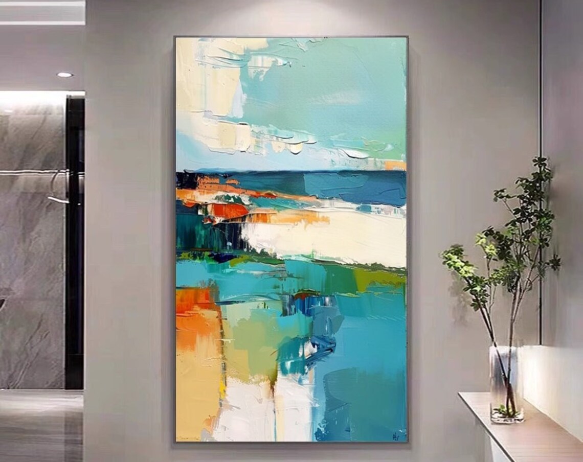 Teal Orange Abstract Landscape Blocks Vertical Painting Poster