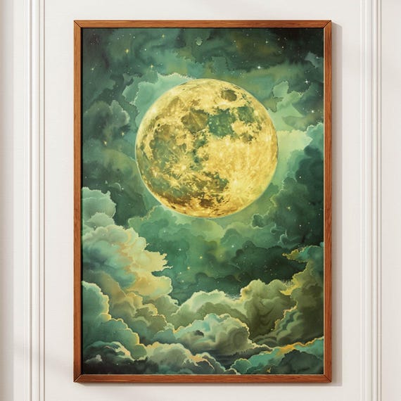 Lunar Wall Art Golden Moon Painting Moon Abstract Poster Celestial Print Boho Moon Decor Lunar Room Portrait Moon Rustic Art