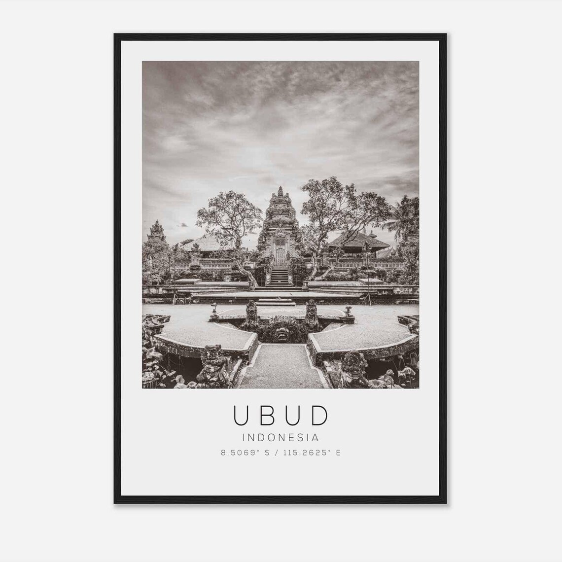 Ubud Indonesia Balinese Temple Courtyard Black and White Poster