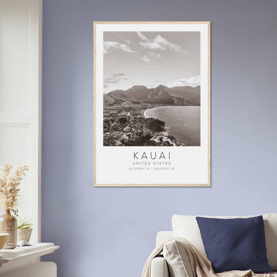 Kauai Hawaii Black White Bay Aerial Island Beach View Poster - Image 2