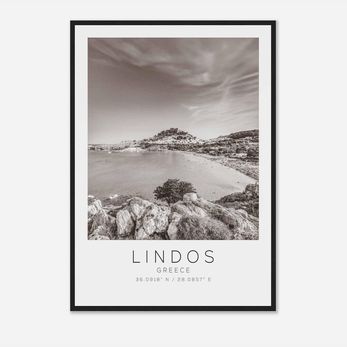 Lindos Greece Aegean Bay Rocky Coast Black and White Photo Poster