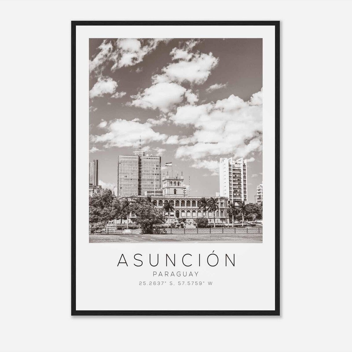 Asuncion Paraguay Black White Historic City Center Travel Poster