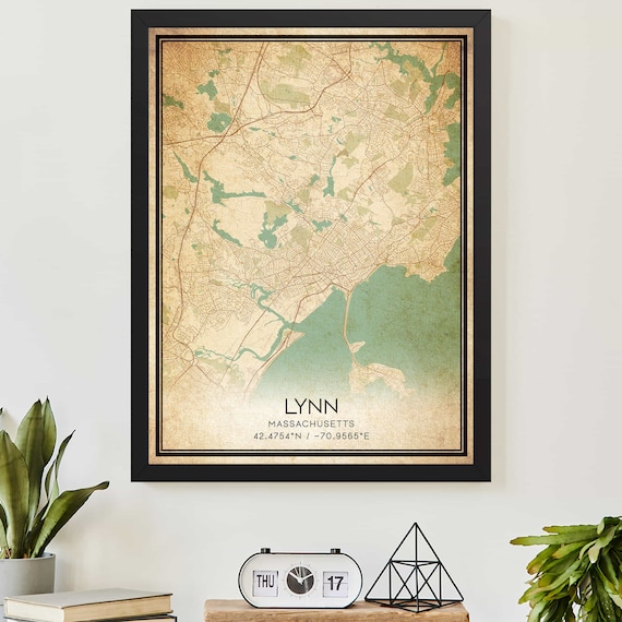 Vintage Lynn Massachusetts Map Poster with City Coordinates in Aged Tones