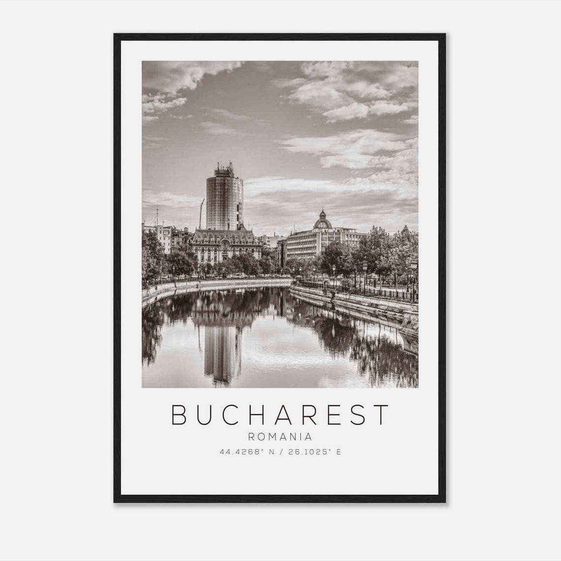 Bucharest Romania River Cityscape Reflections Black White Photo Poster