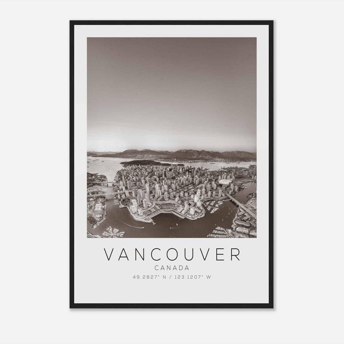 Vancouver Canada City Aerial Mountains Harbor Black White Poster