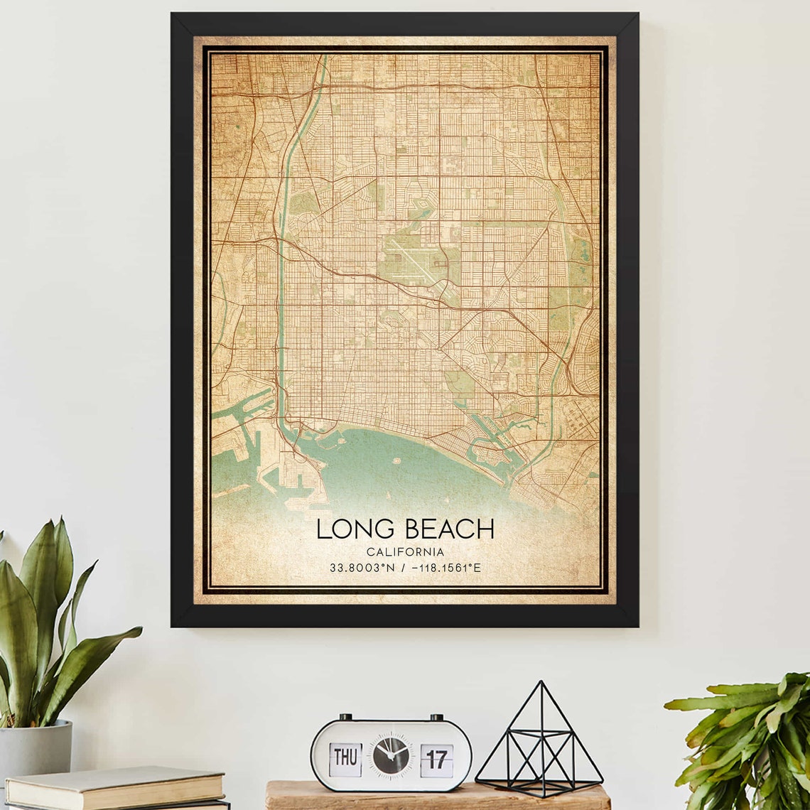 Vintage Long Beach California Street Map with Coordinates Poster