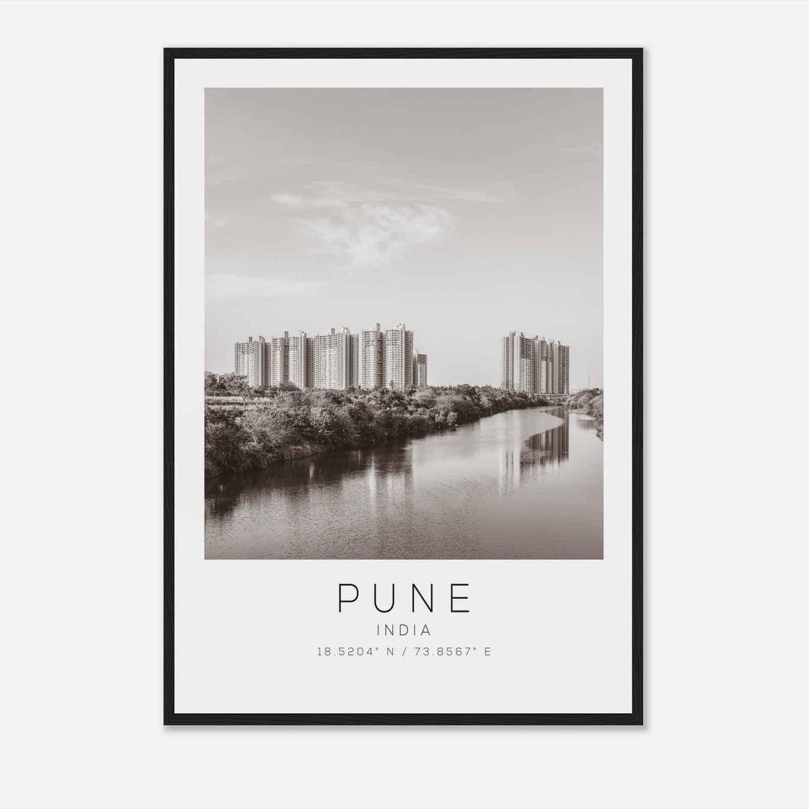 Pune India River Skyline Modern High Rises Black and White Poster
