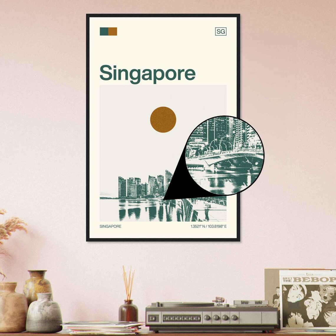 Singapore Marina Bay Skyline Waterfront Sun Duotone Travel Poster - Image 4