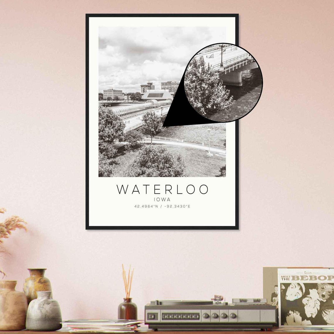 Waterloo Iowa Covered River Bridge Downtown Skyline Travel Poster - Image 4