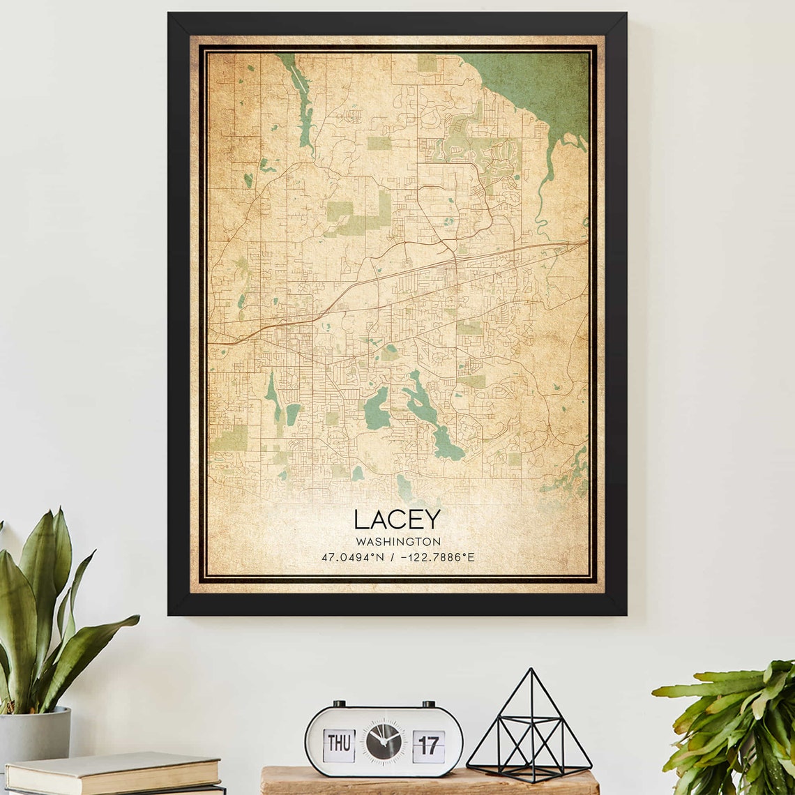 Lacey Washington Vintage Map Art Print with Coordinates Lakes and City