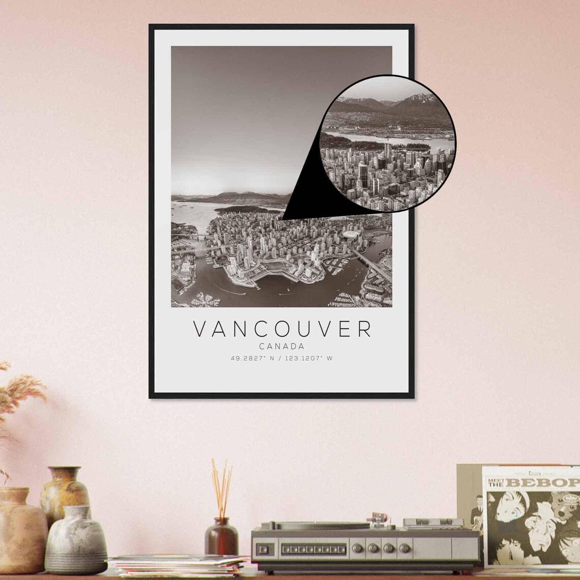 Vancouver Canada City Aerial Mountains Harbor Black White Poster - Image 4