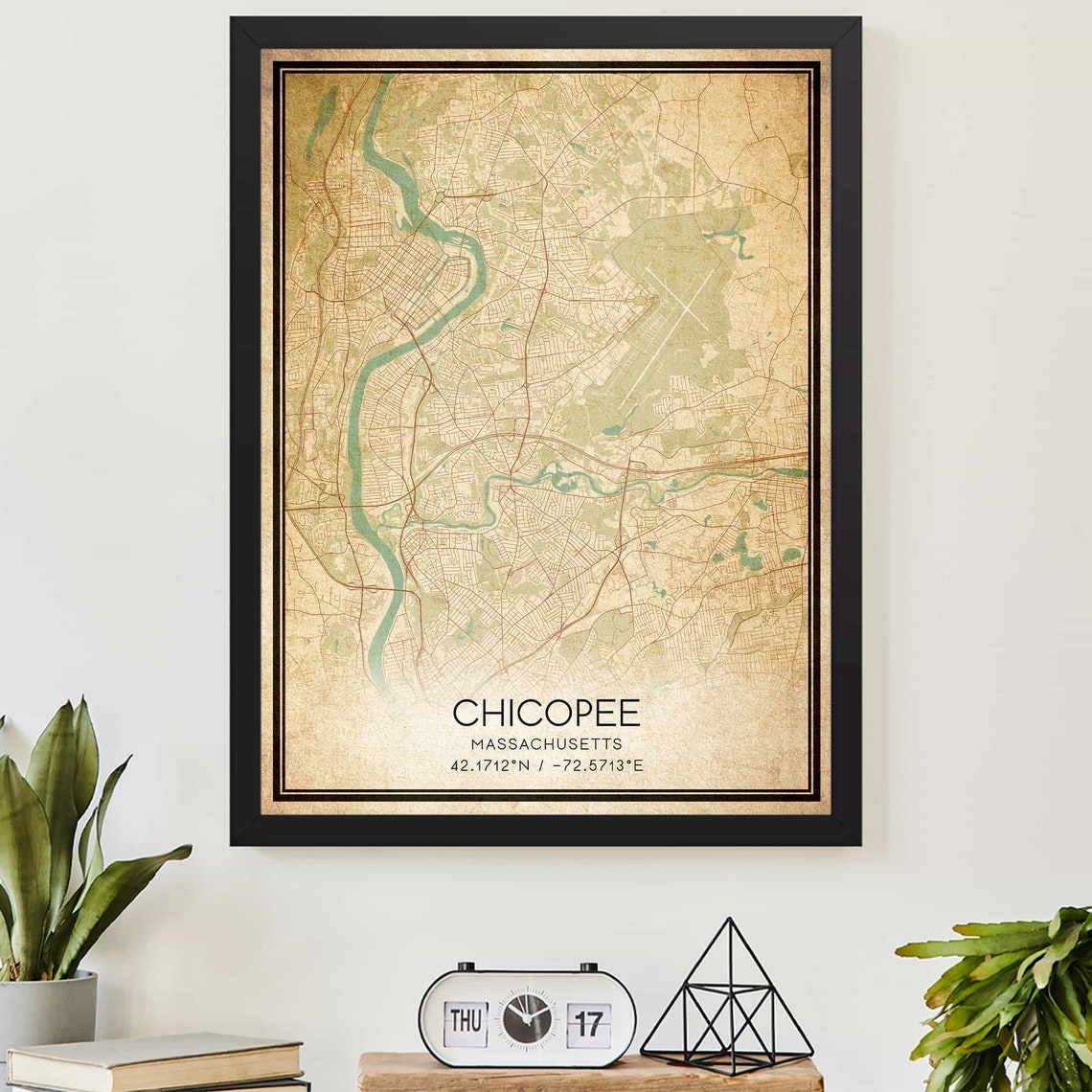 Chicopee Massachusetts Vintage Street Map With Coordinates Poster