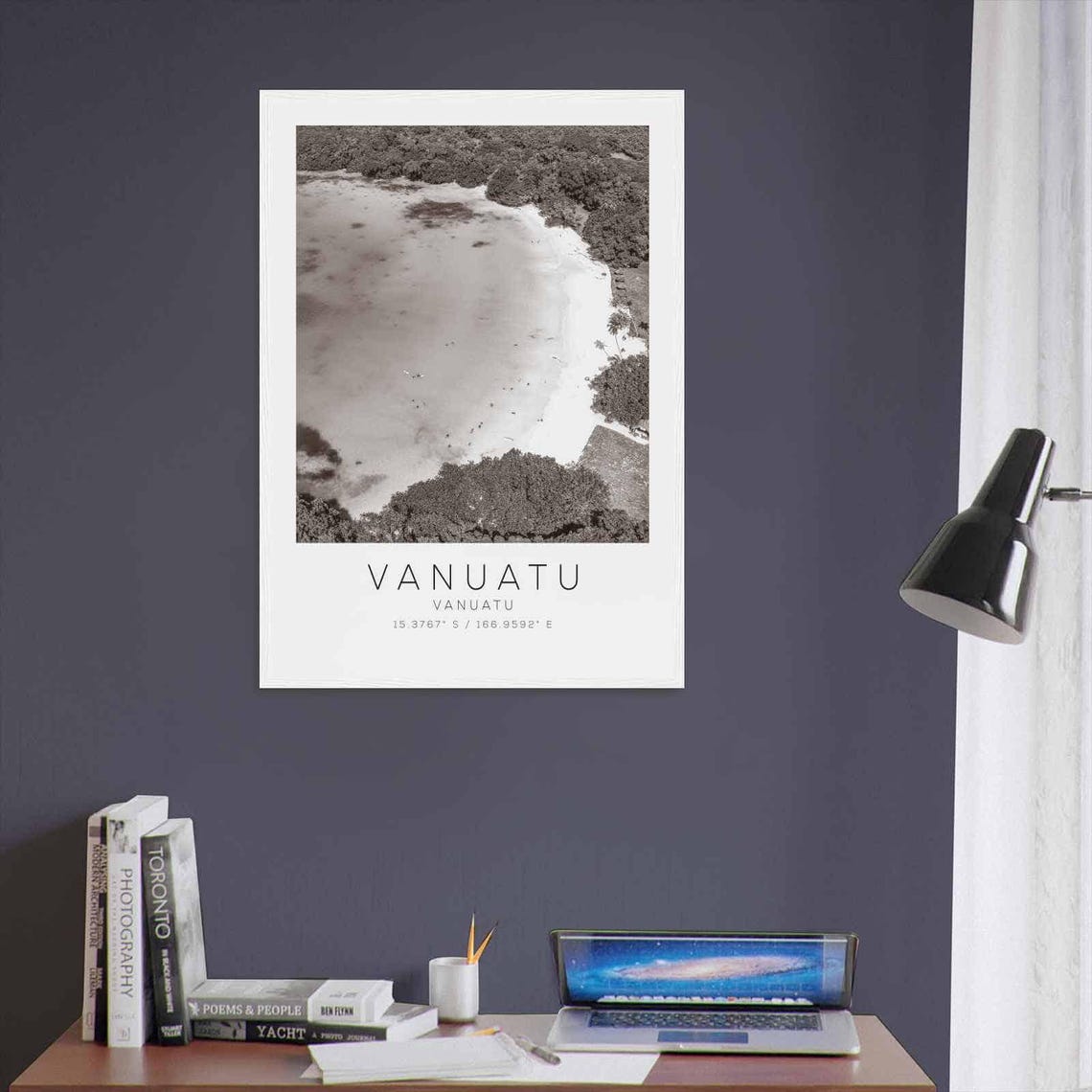 Vanuatu Tropical Bay Aerial Beach View Black and White Poster - Image 3