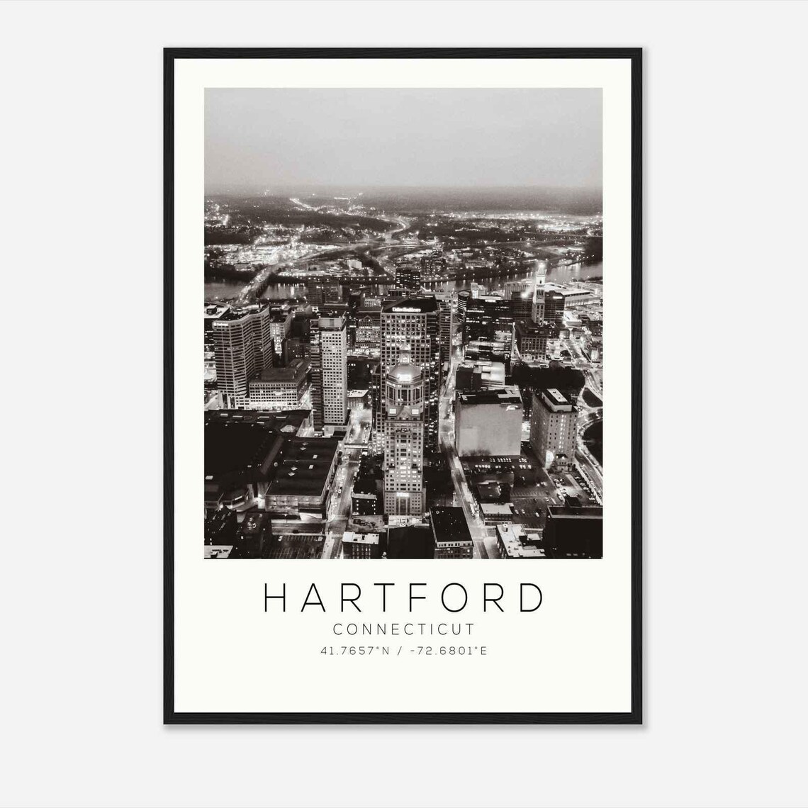 Hartford Connecticut Night Skyline Aerial Black White Photo Poster
