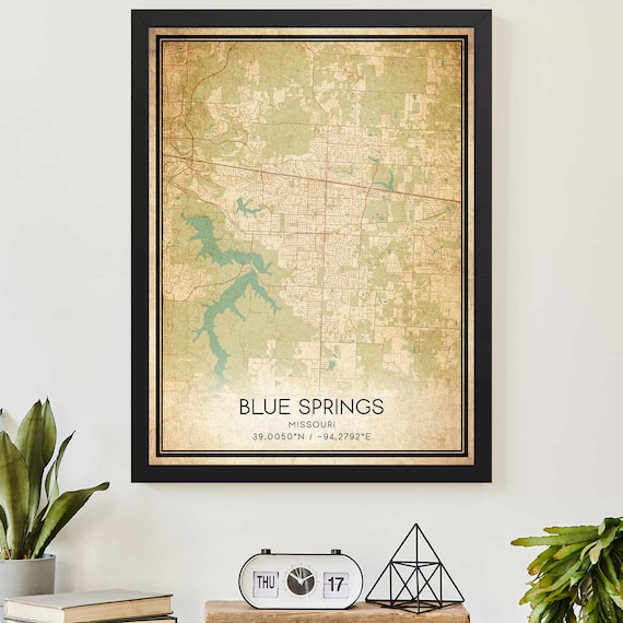 Vintage Blue Springs Missouri City Map with Coordinates Travel Print