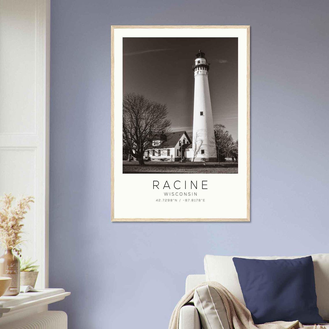 Racine Wisconsin Wind Point Lighthouse Black and White Photo Poster - Image 2