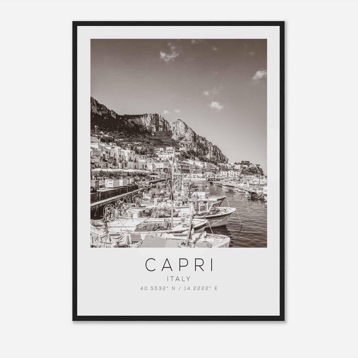 Capri Italy Marina Grande Boats Cliffs Black and White Travel Poster