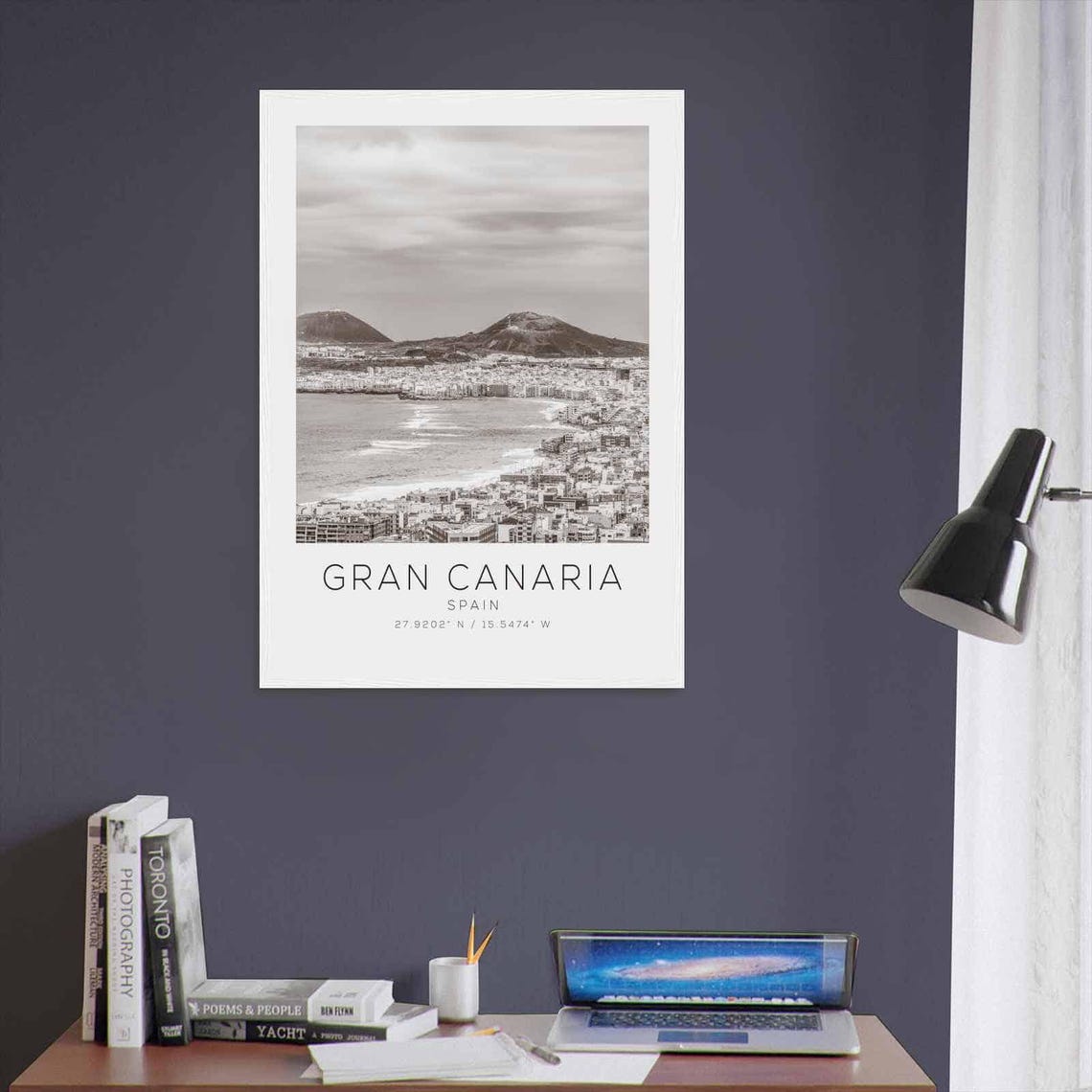 Gran Canaria Spain Black and White Coast City Volcano View Poster - Image 3