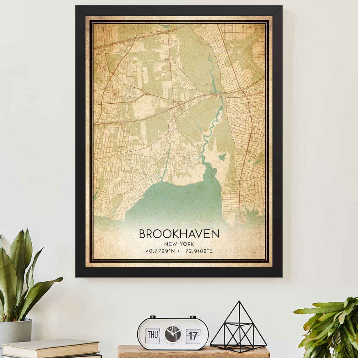 Brookhaven New York Vintage City Map Poster with Coordinate Details
