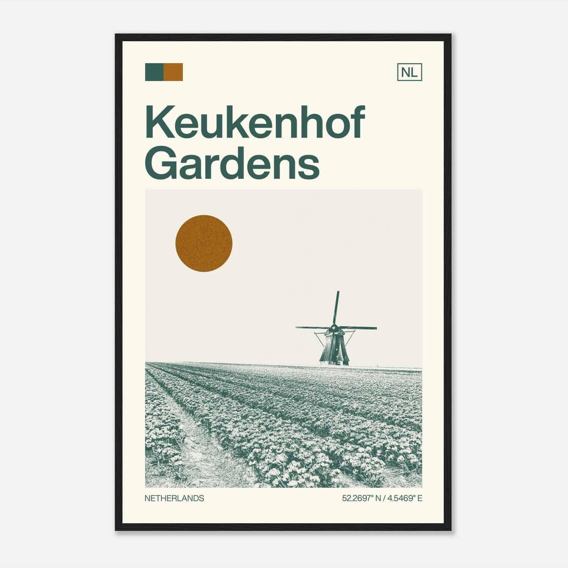 Keukenhof Gardens Netherlands Tulip Field Windmill Travel Art Poster