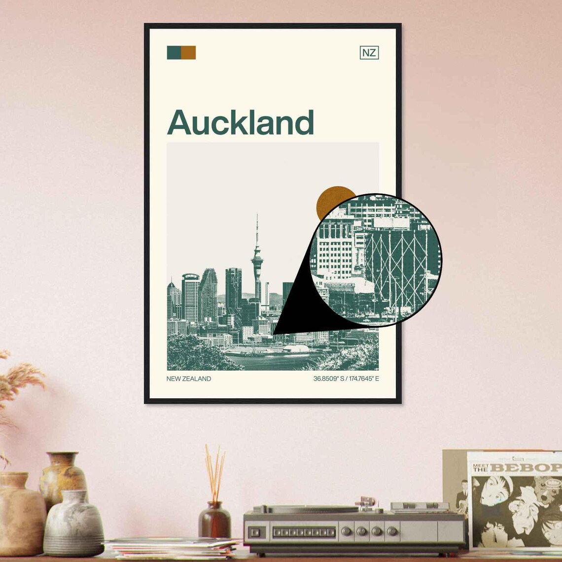 Auckland New Zealand Sky Tower Skyline Duotone Travel Poster - Image 4