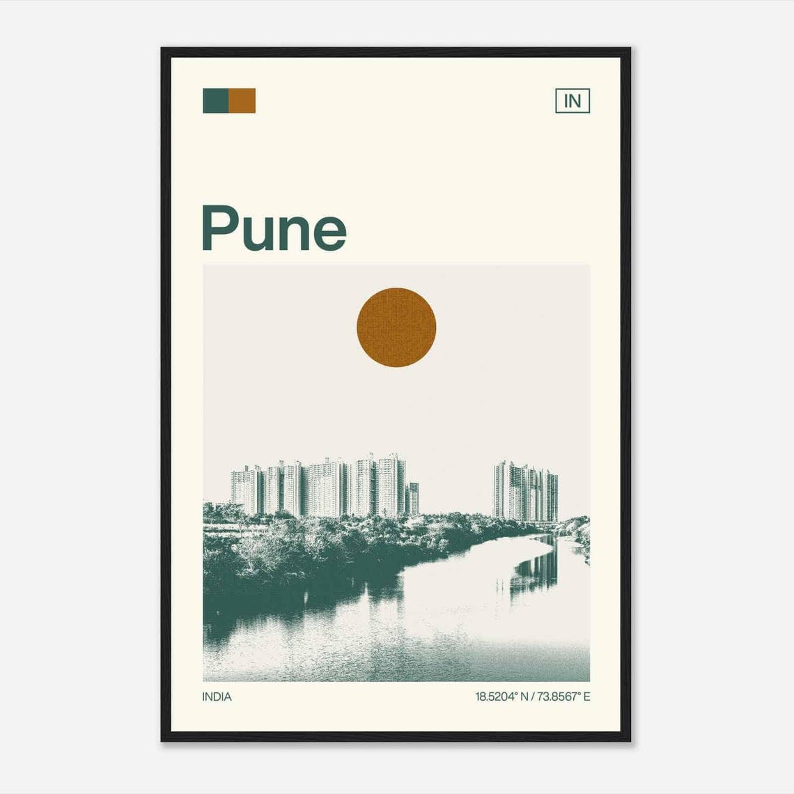 Pune India River Bend Modern Towers Trees Sun Duotone Travel Poster