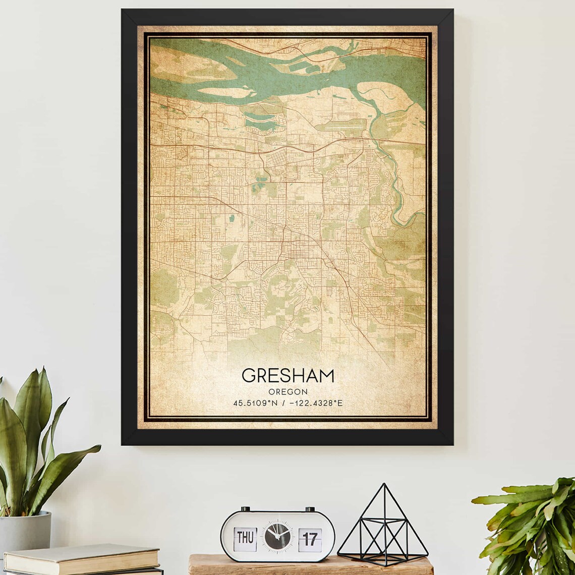 Gresham Oregon Vintage City Map Poster In Teal And Cream Tones