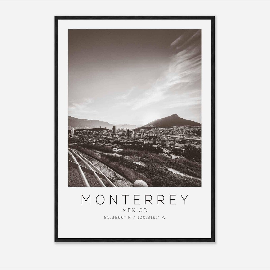 Monterrey Mexico Hillside City View Black and White Photo Poster