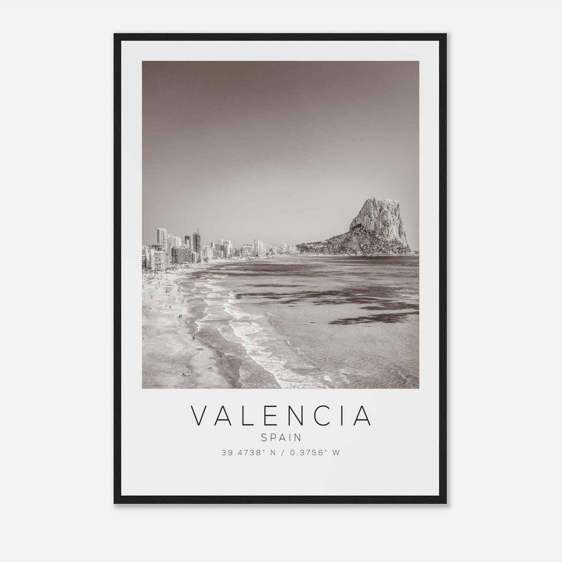 Valencia Spain Beach Rocky Headland Coast Black White Poster
