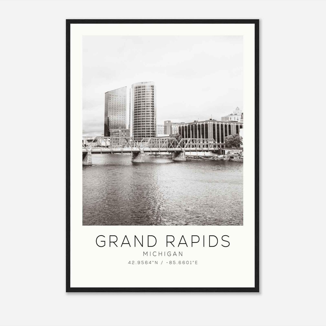 Grand Rapids Michigan River Bridge Skyline Black White Photo Poster