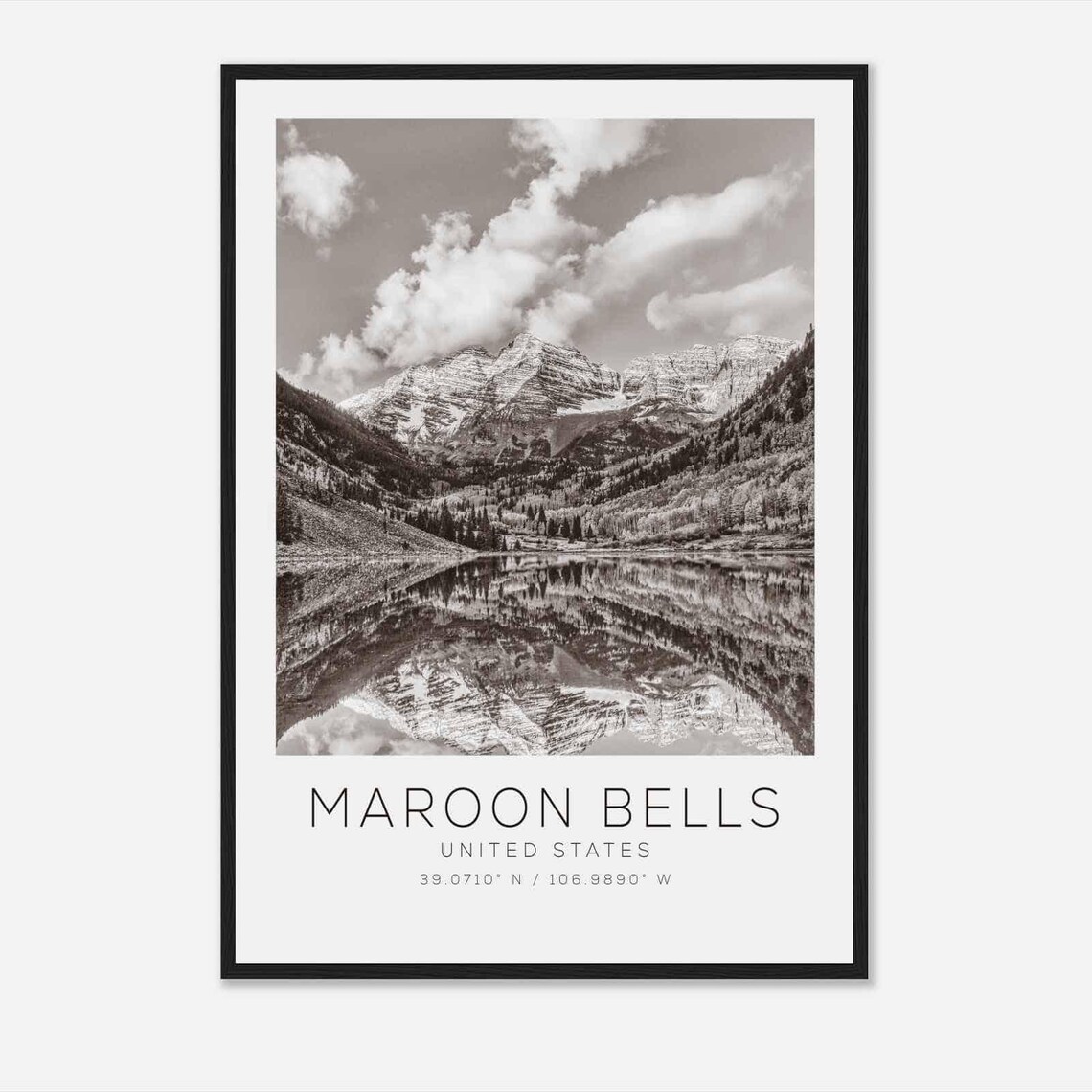 Maroon Bells United States Travel Photo Poster Bw Maroon Bells Travel Print Minimalist Travel Poster Print