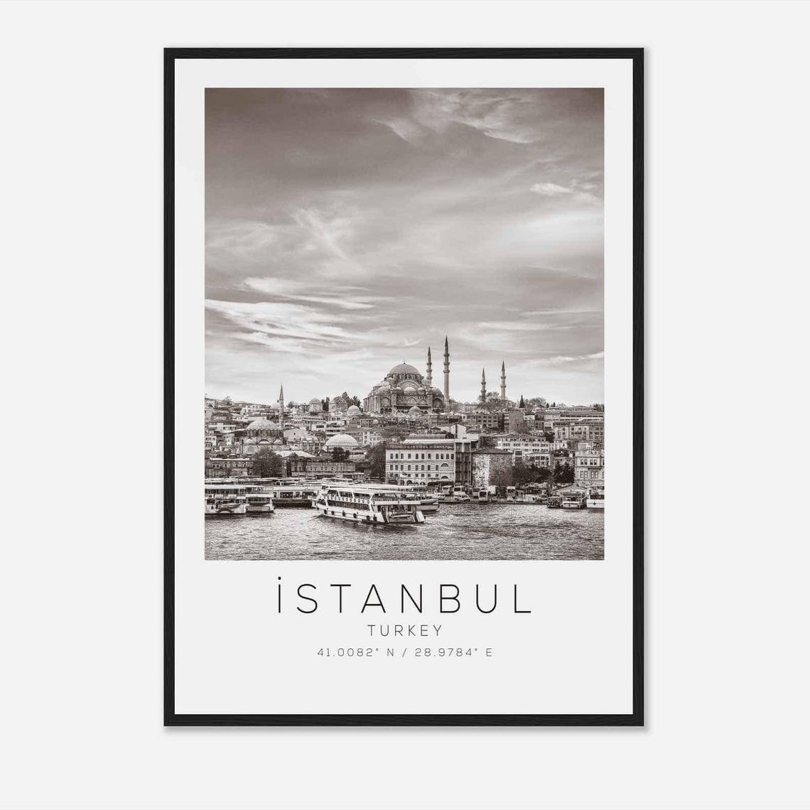 Istanbul Turkey Mosque Harbor Black and White Minimalist Travel Poster