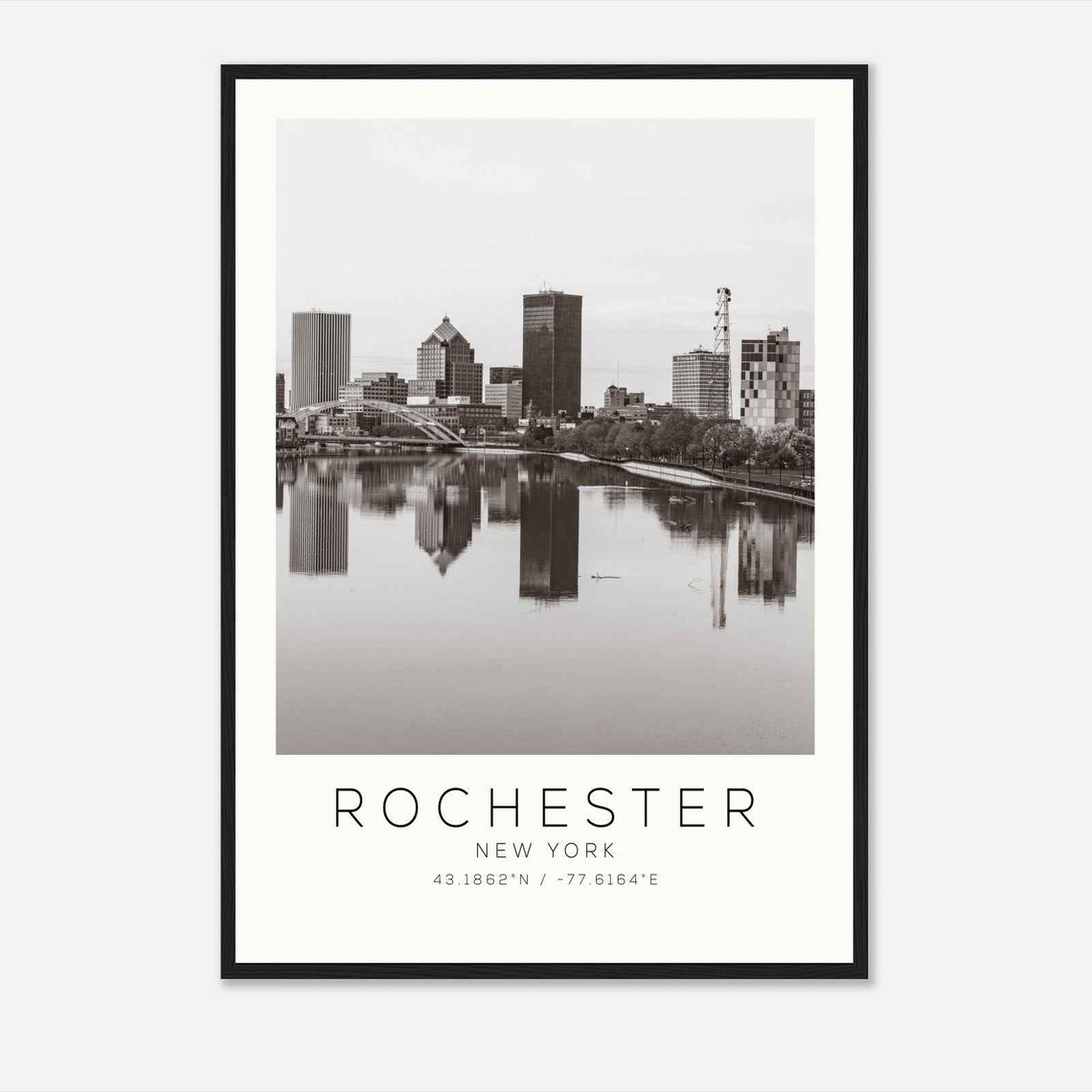 Rochester New York River Skyline Reflection Black and White Poster