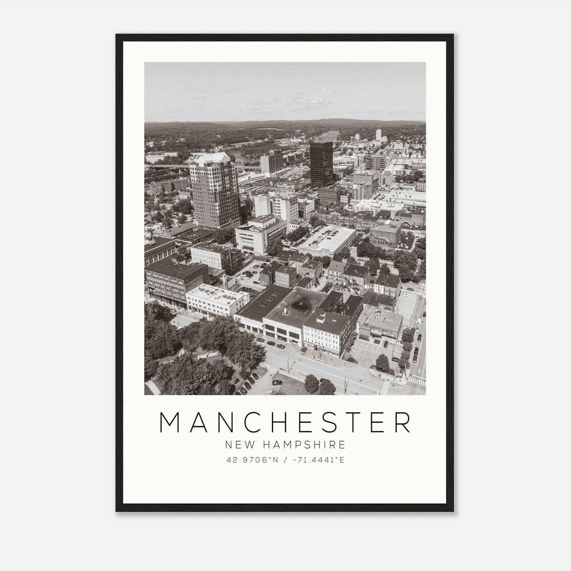 Manchester New Hampshire Downtown Aerial Black And White Poster